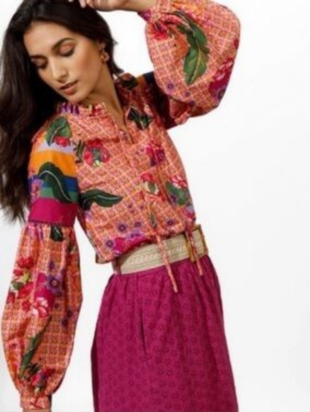 Emily Lovelock Boho Peasant Blouse Floral Grid Heart Buttons Ladder Trim Medium
